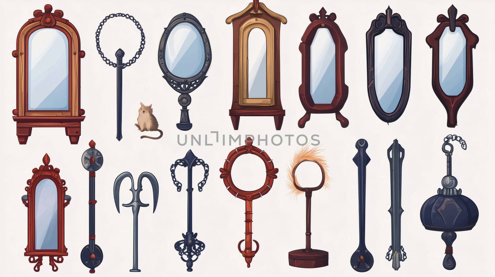 Set of medieval mirrors with ornate frames and magic tools reflecting fantasy world on white background
