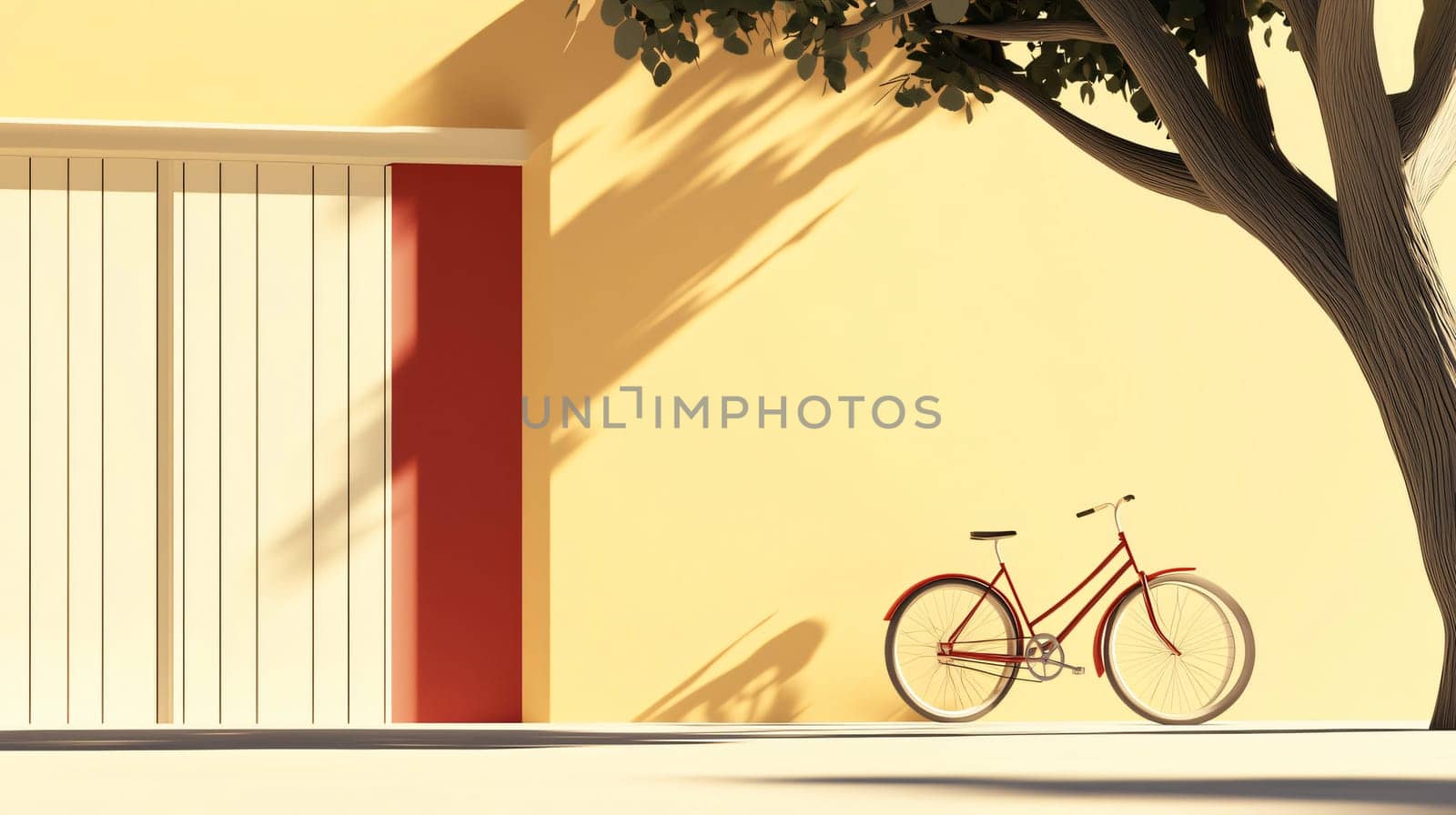 Red bicycle with a thin frame leaning against a yellow wall under a tree, casting a shadow on the ground