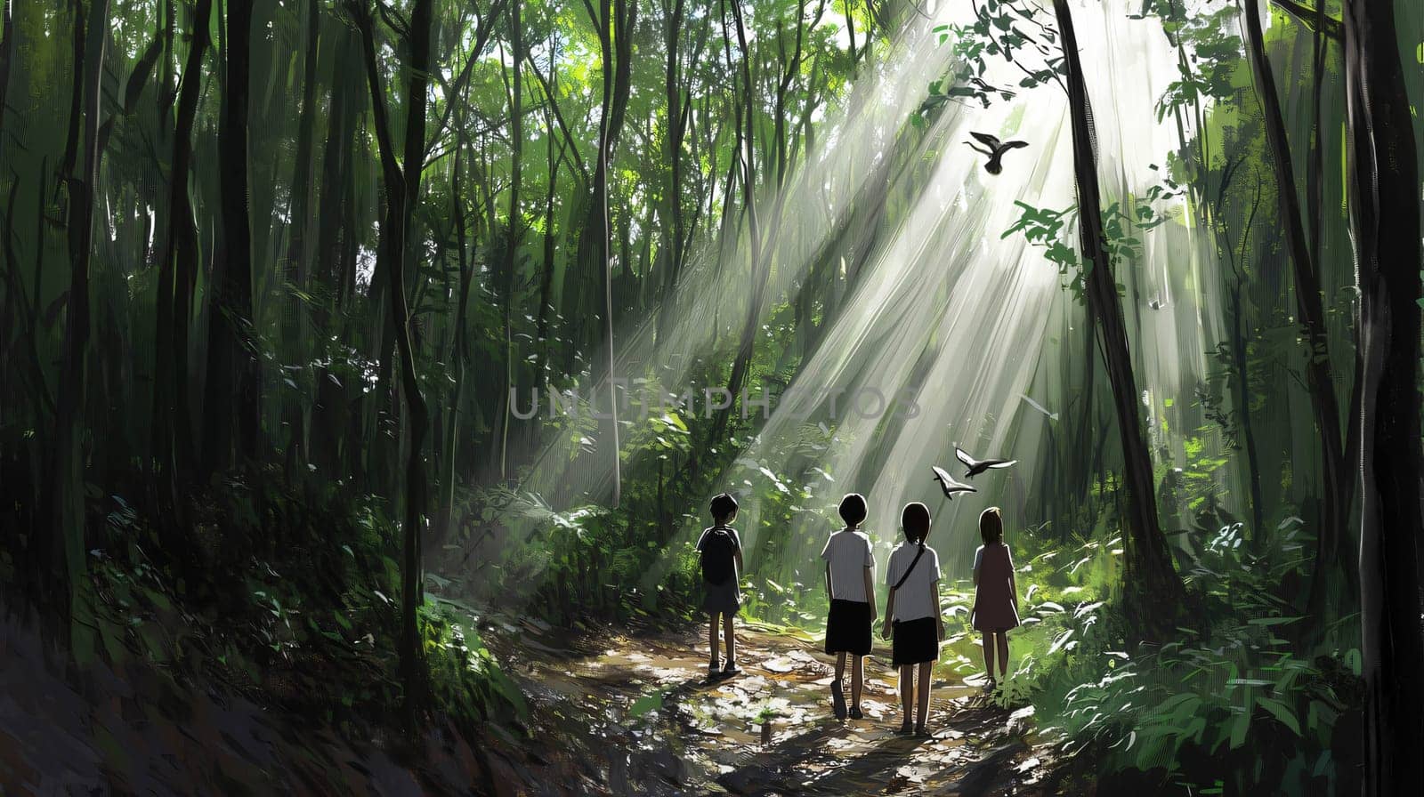 Four friends are enjoying a hike in the forest as they're illuminated by sun rays