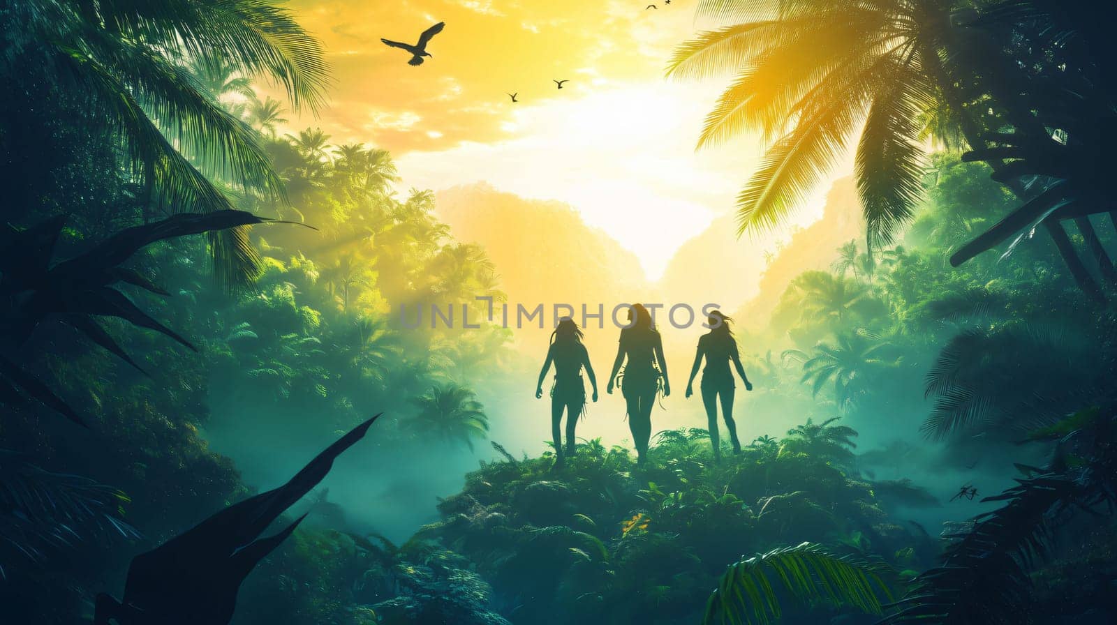 Three female adventurers are making their way through a dense tropical jungle at sunset