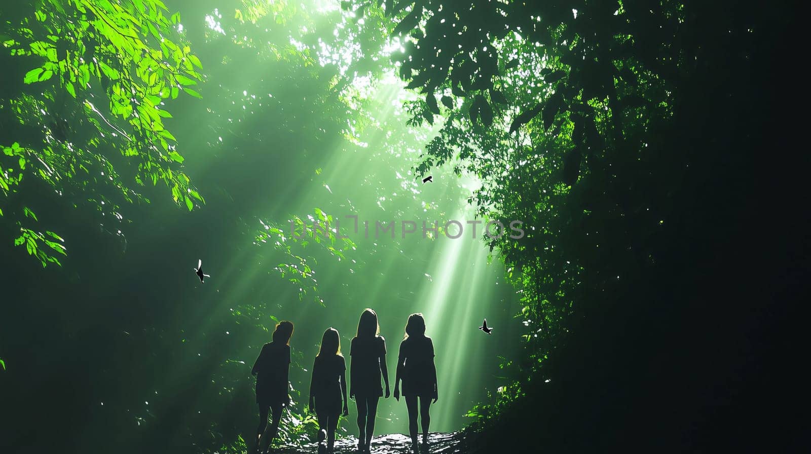 Group of friends are enjoying the sunlight while hiking through a dense green forest