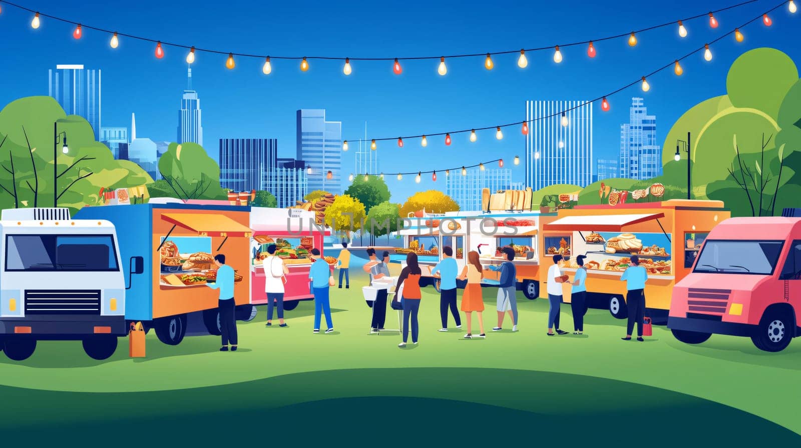 Customers ordering meals from food trucks during a street food festival in a city park
