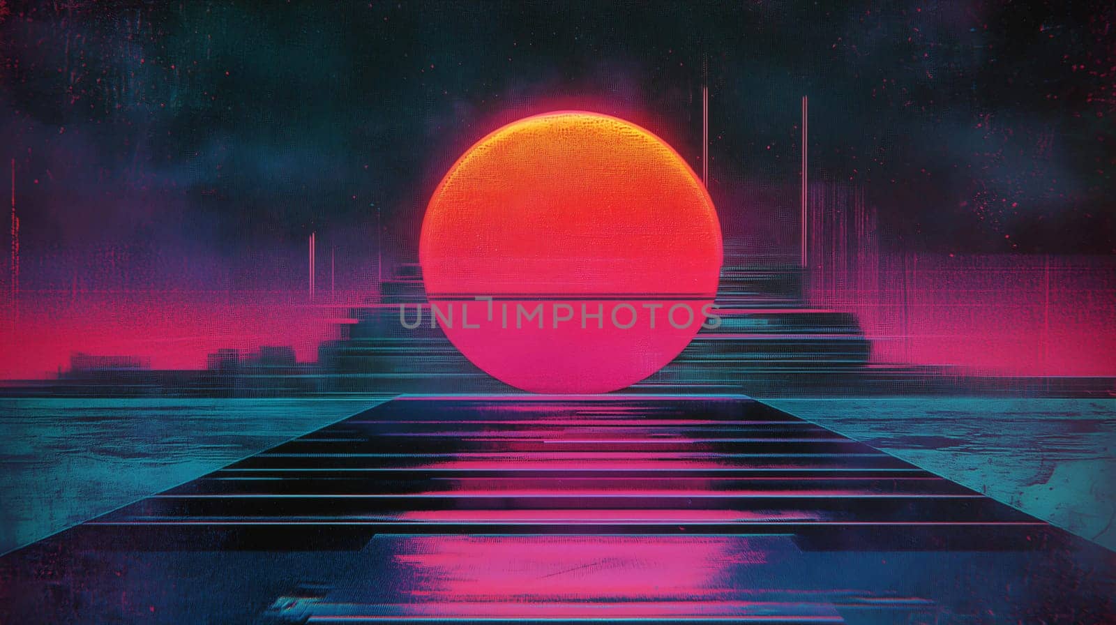 Retrofuturistic cityscape with a large synthwave sun setting in the background