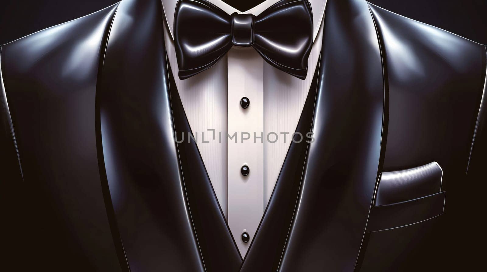 Man is wearing a tuxedo with a bow tie, perfect for a formal event or celebration