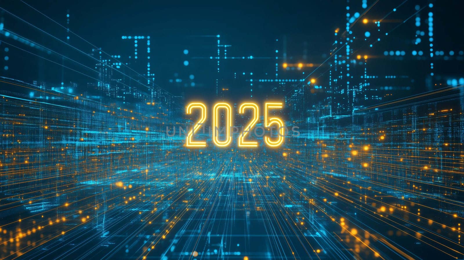 Futuristic abstract background showing year 2025 glowing in cyberspace