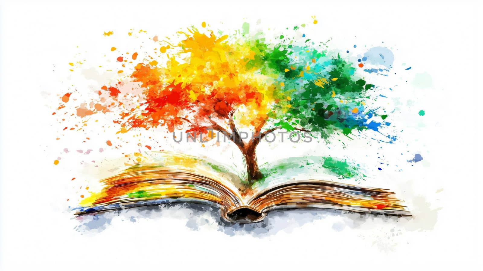 Watercolor painting of a colorful tree growing from an open book, symbolizing the power of knowledge