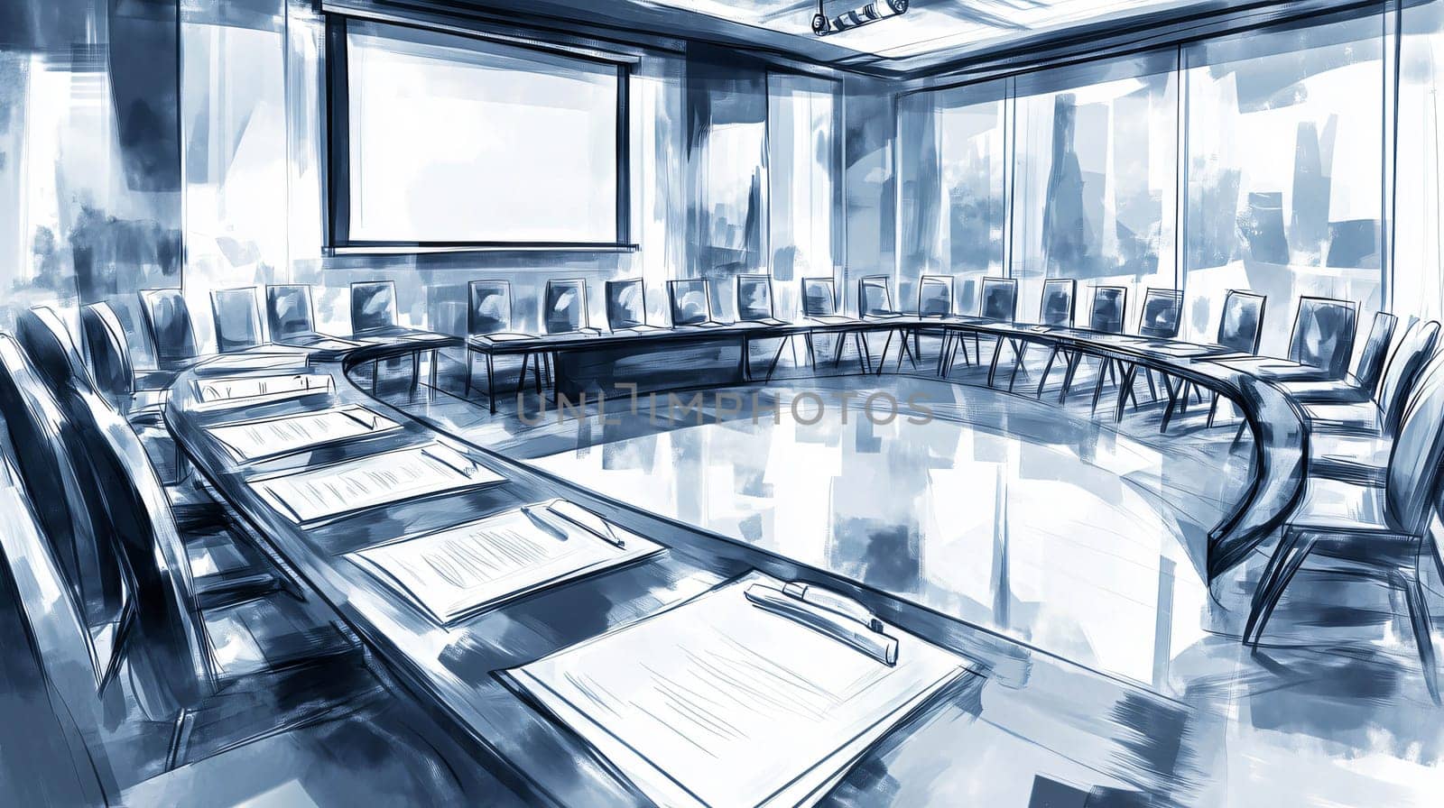 Illustration of an empty conference room with a large table, chairs, and documents laid out, rendered in a loose sketch style