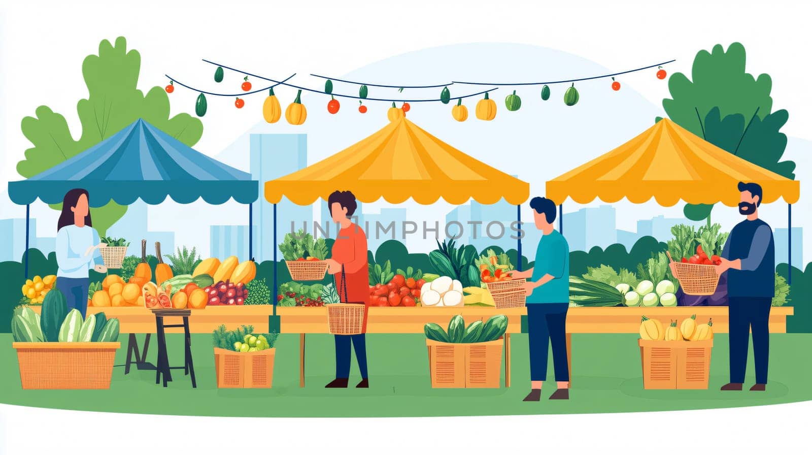 Customers holding wicker baskets and buying produce from farmers market stalls selling fresh fruit and vegetables