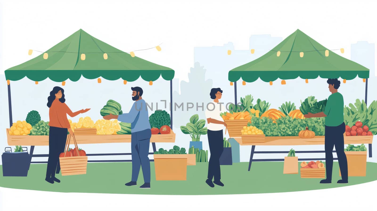 People buying fresh organic vegetables from local farmer at outdoor market