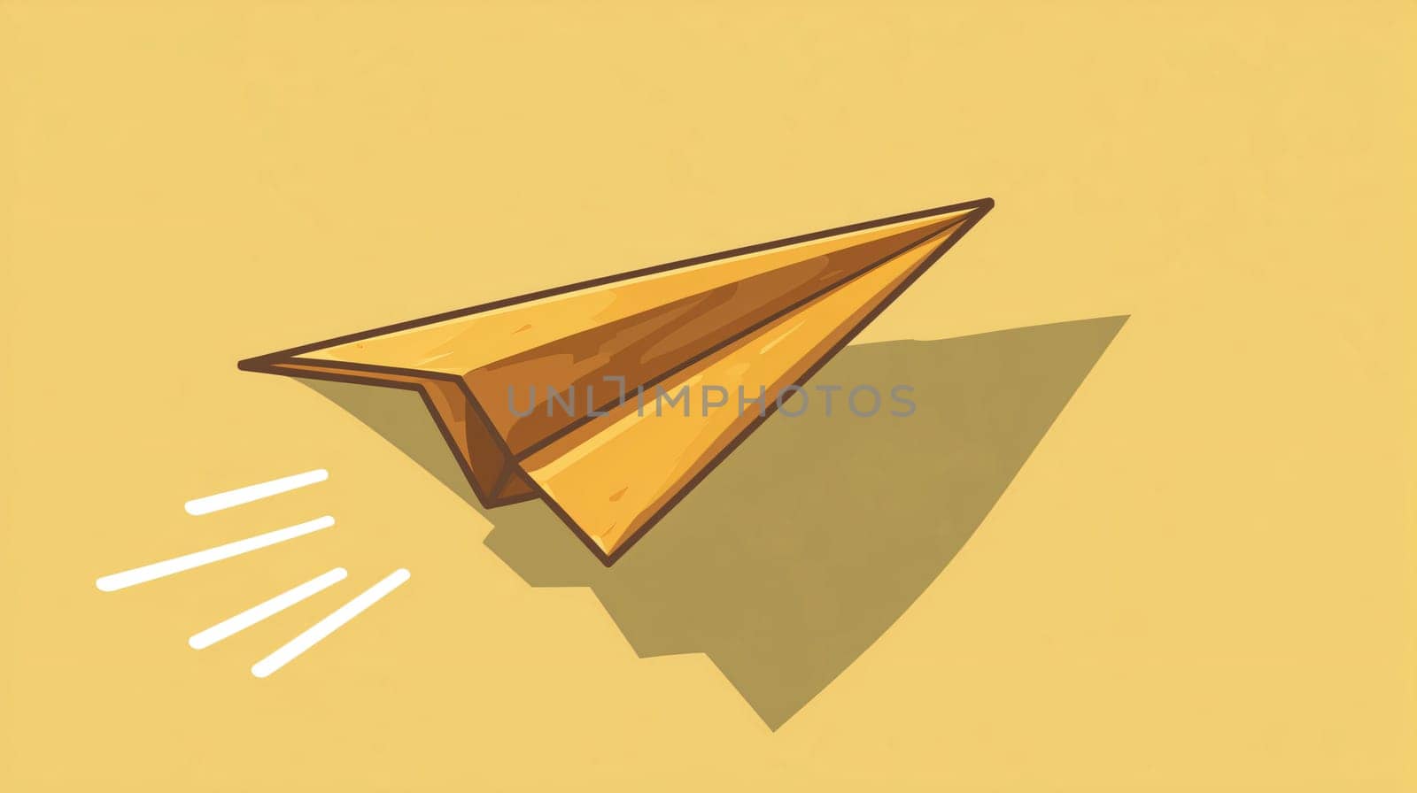 Paper airplane is flying upwards casting a shadow on a yellow background
