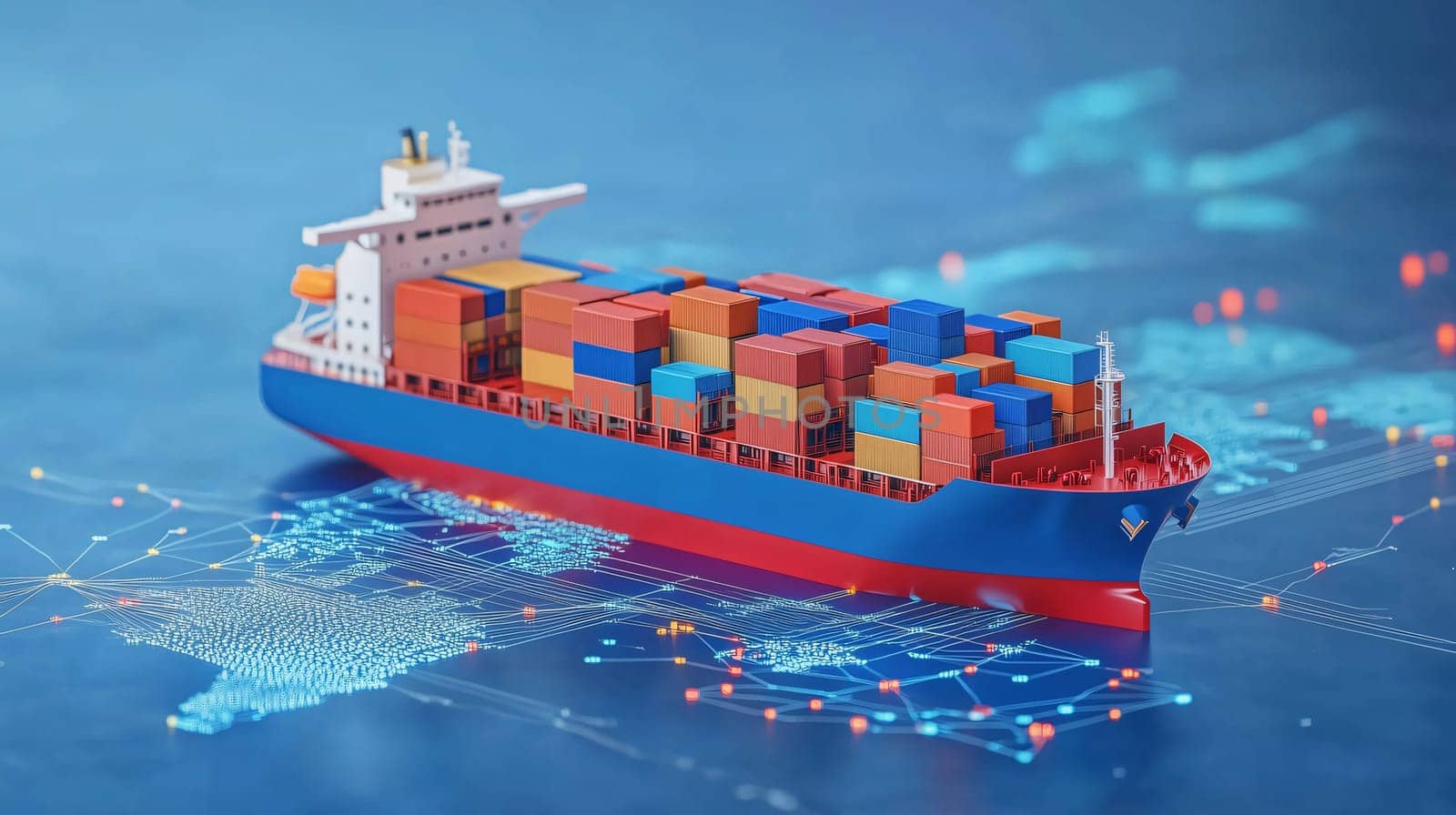 Cargo ship is sailing on a digital world map, symbolizing global trade and logistics