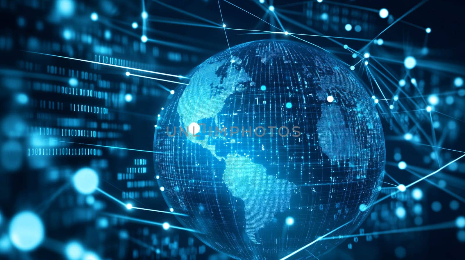 Blue planet earth highlighting america surrounded by digital binary code and network data flow lines