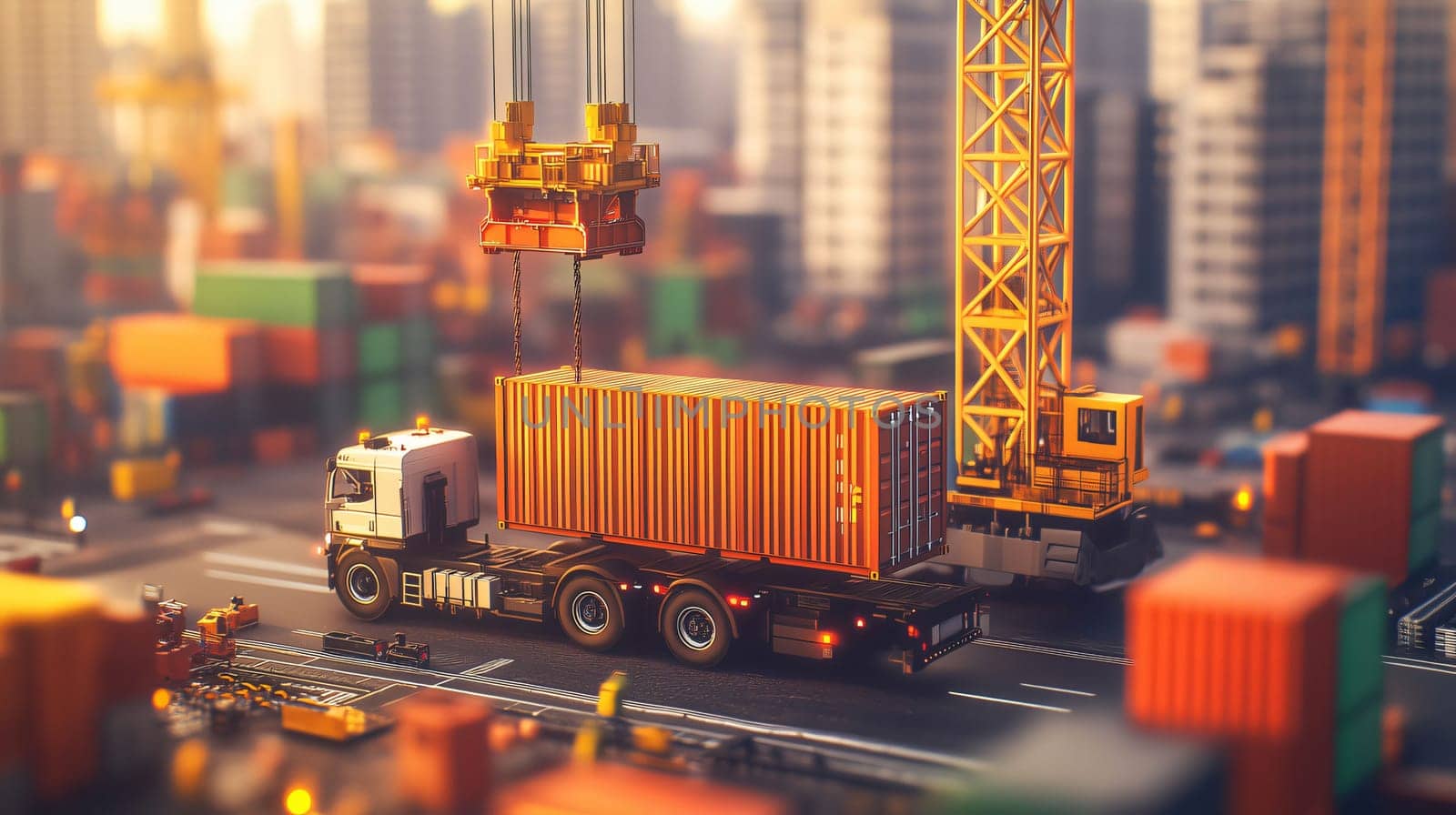 Industrial crane is lifting a cargo container onto a truck in a busy port