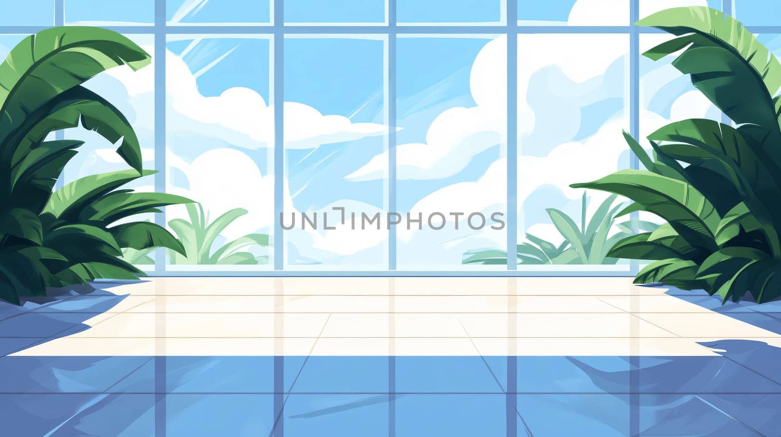 Bright and airy room featuring large windows overlooking a tropical landscape, perfect for showcasing your product or design