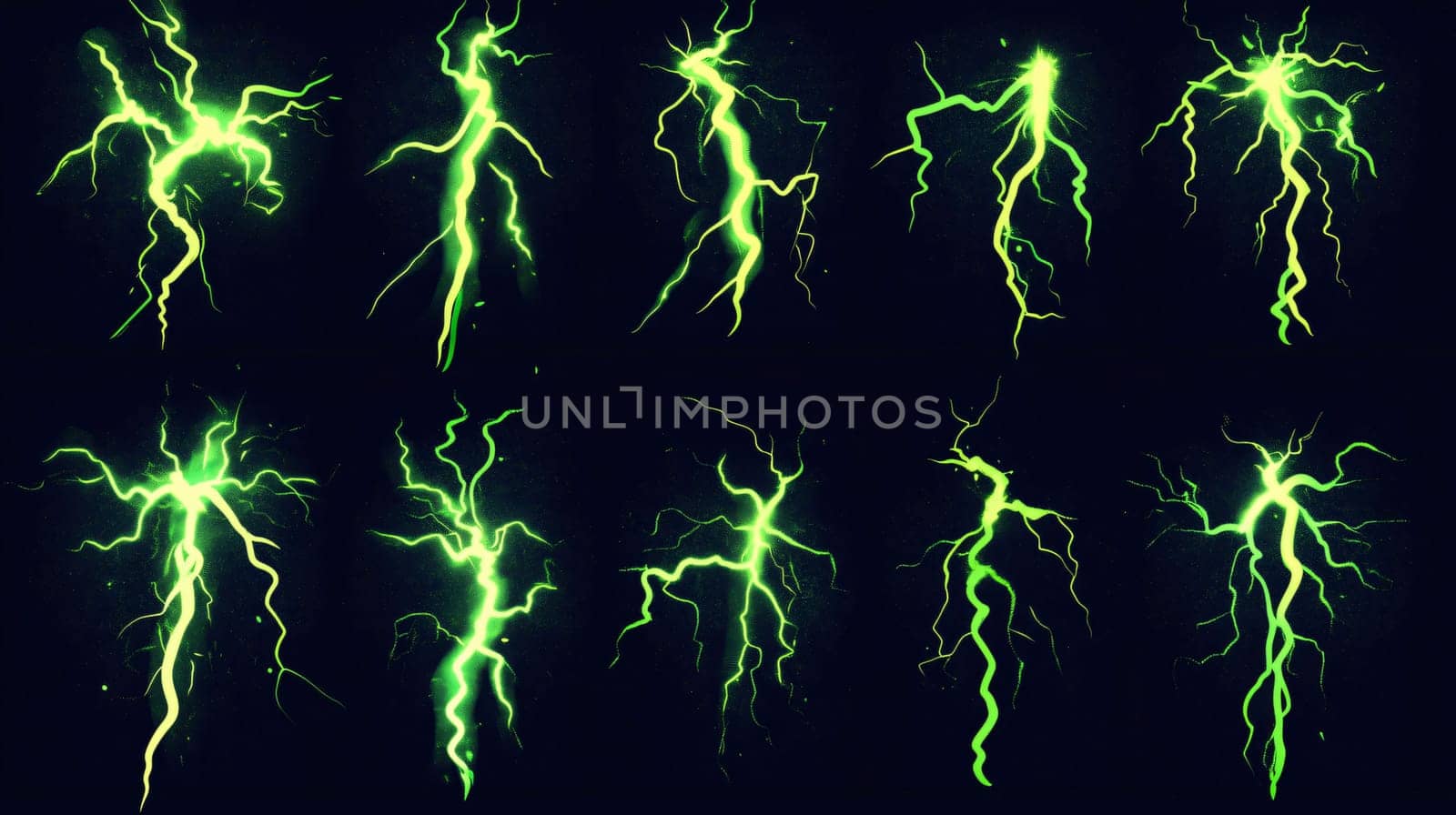 Set of ten green lightning visual effect elements striking on a dark background