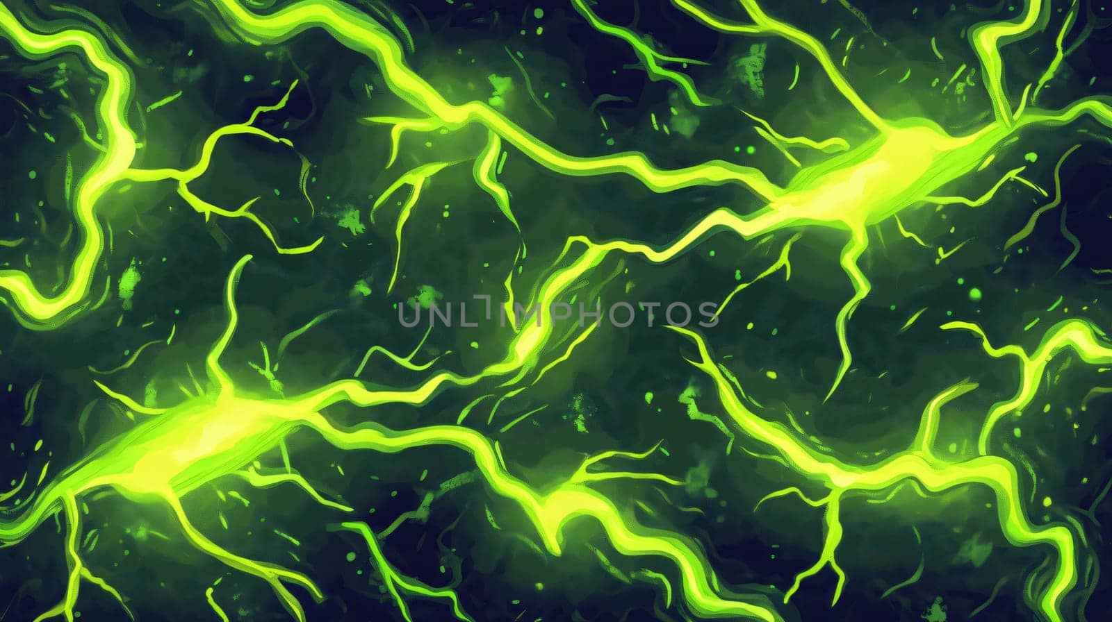 Abstract design featuring bright green lightning bolts electrifying a dark background