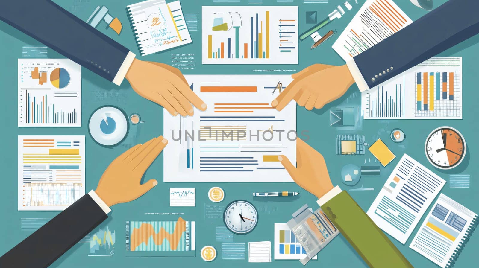 Business team reviewing a contract during a meeting, using data analysis displayed on their desk to make strategic decisions