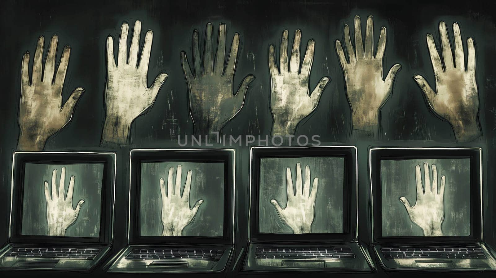 Hands are raising from laptops in this illustration of a digital world