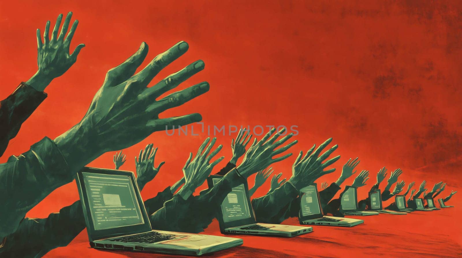 Many programmers reaching out from laptops with a red background