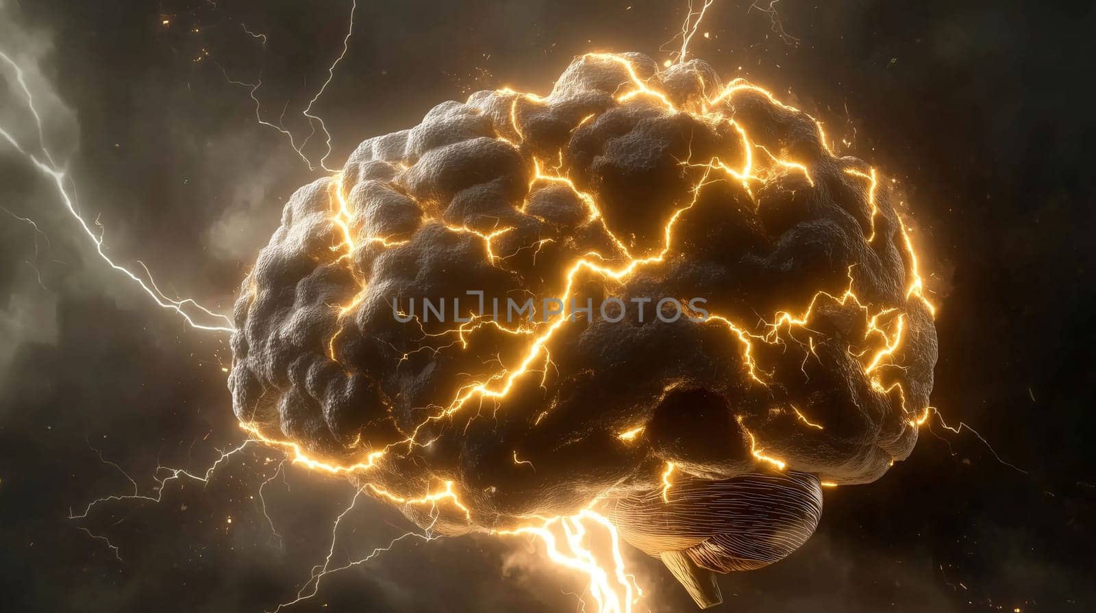Realistic human brain is being zapped with electricity during a brainstorming session