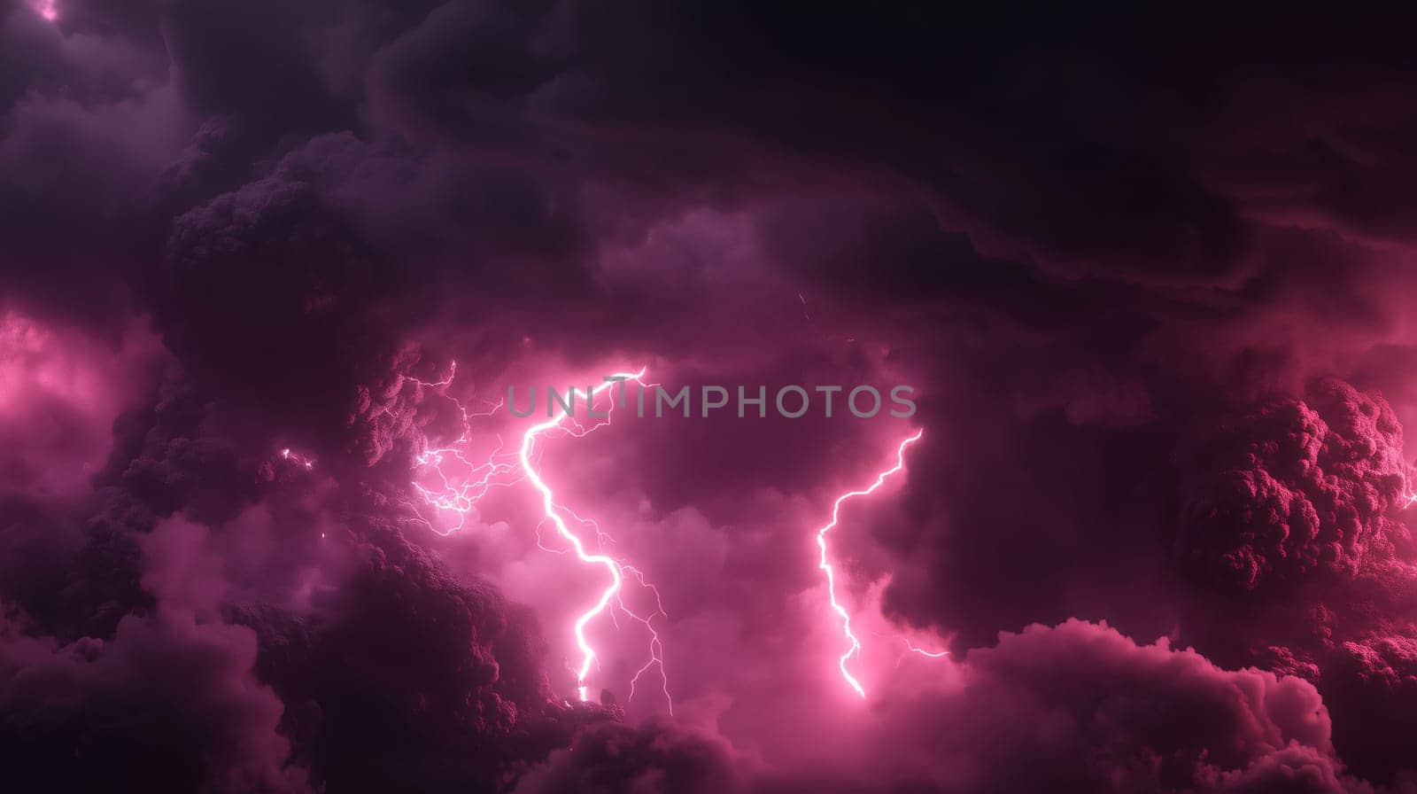 Powerful lightning is illuminating a dark night sky full of purple clouds