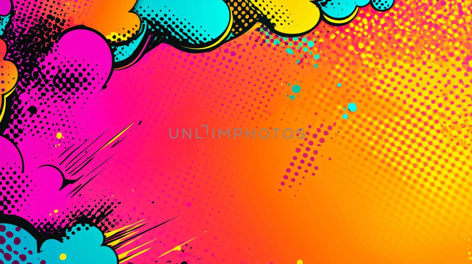 Abstract background with colorful comic style elements, speech bubbles and halftone patterns