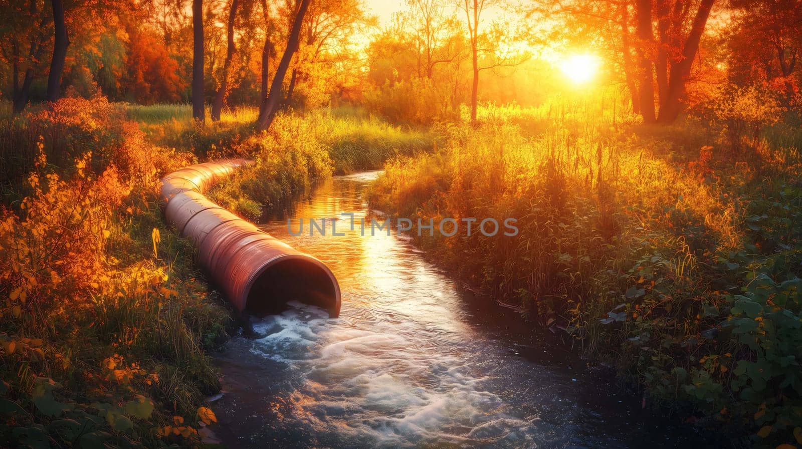 Water is flowing from a large pipe into a river in a forest at sunset