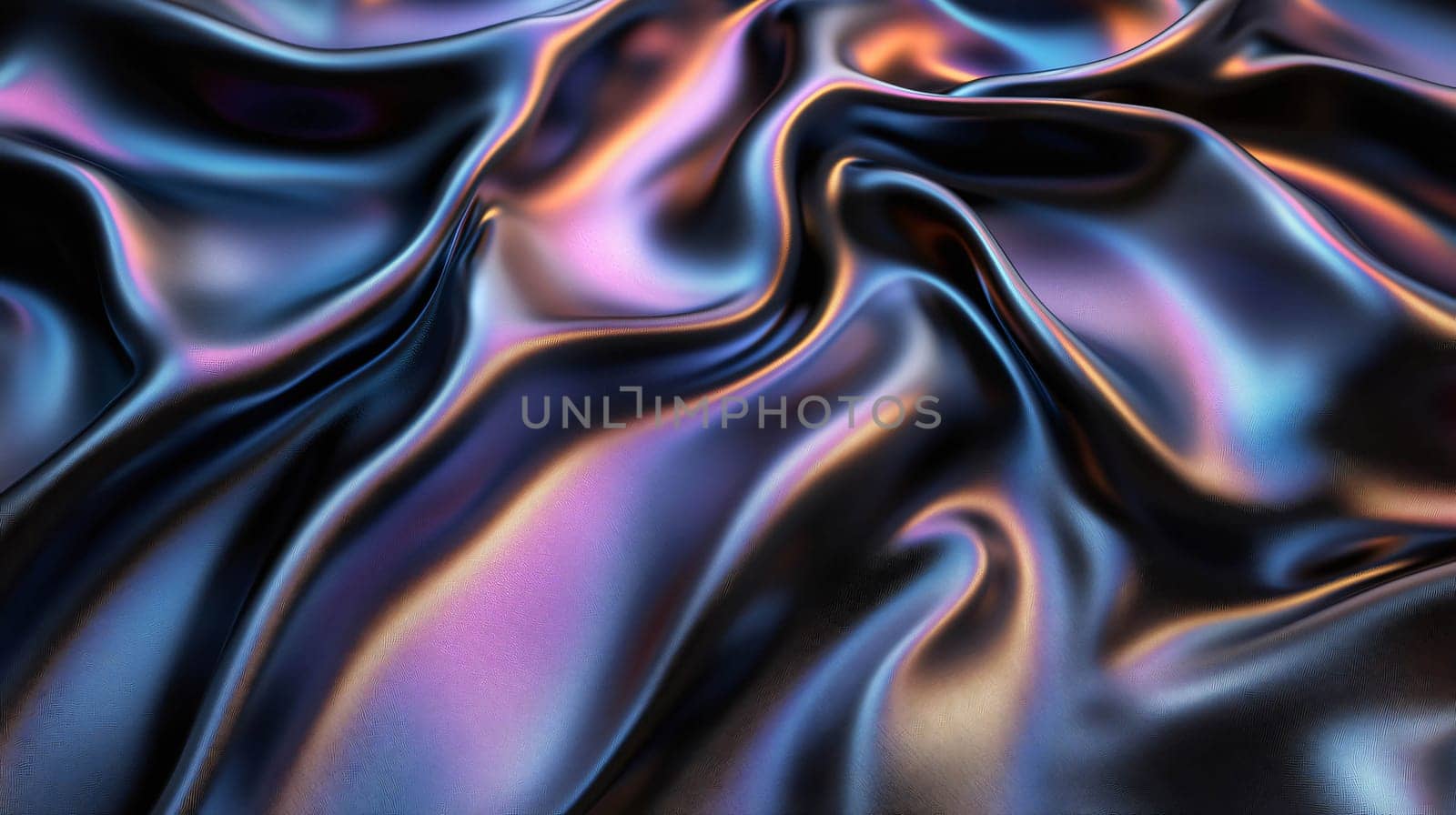Abstract holographic chrome fabric flowing background with colorful reflections