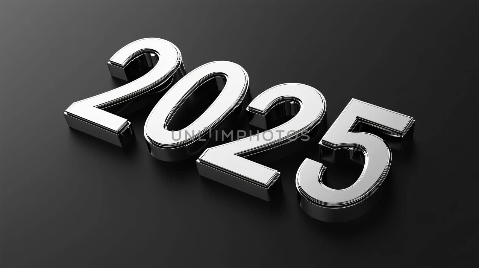 2025 bold chrome numbers reflecting on a dark background