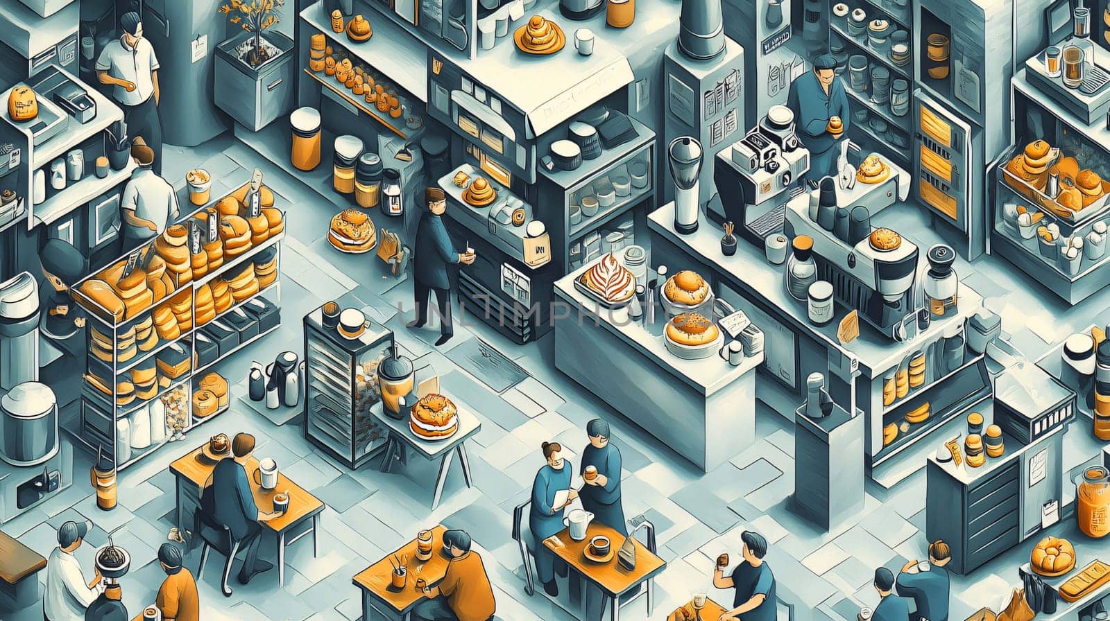 Isometric illustration of a coffee shop with customers ordering drinks and pastries from baristas