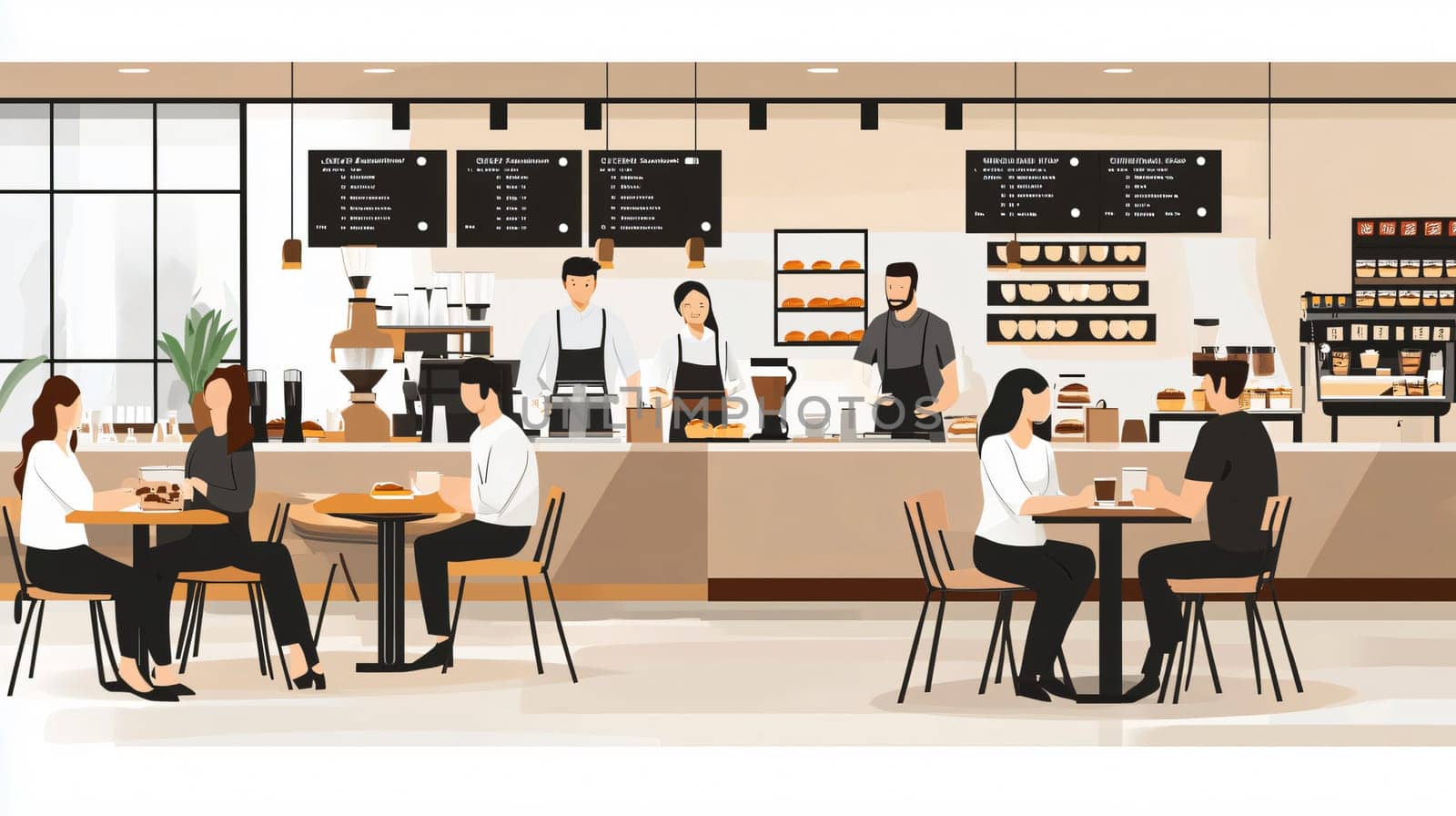 Baristas are making coffee behind the counter in a cafe with customers sitting at tables