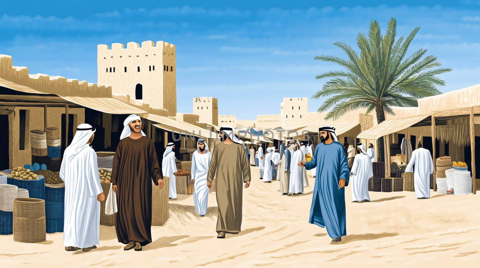 Illustration depicting the daily life in a middle eastern city, with merchants and customers meeting in a bustling open-air market