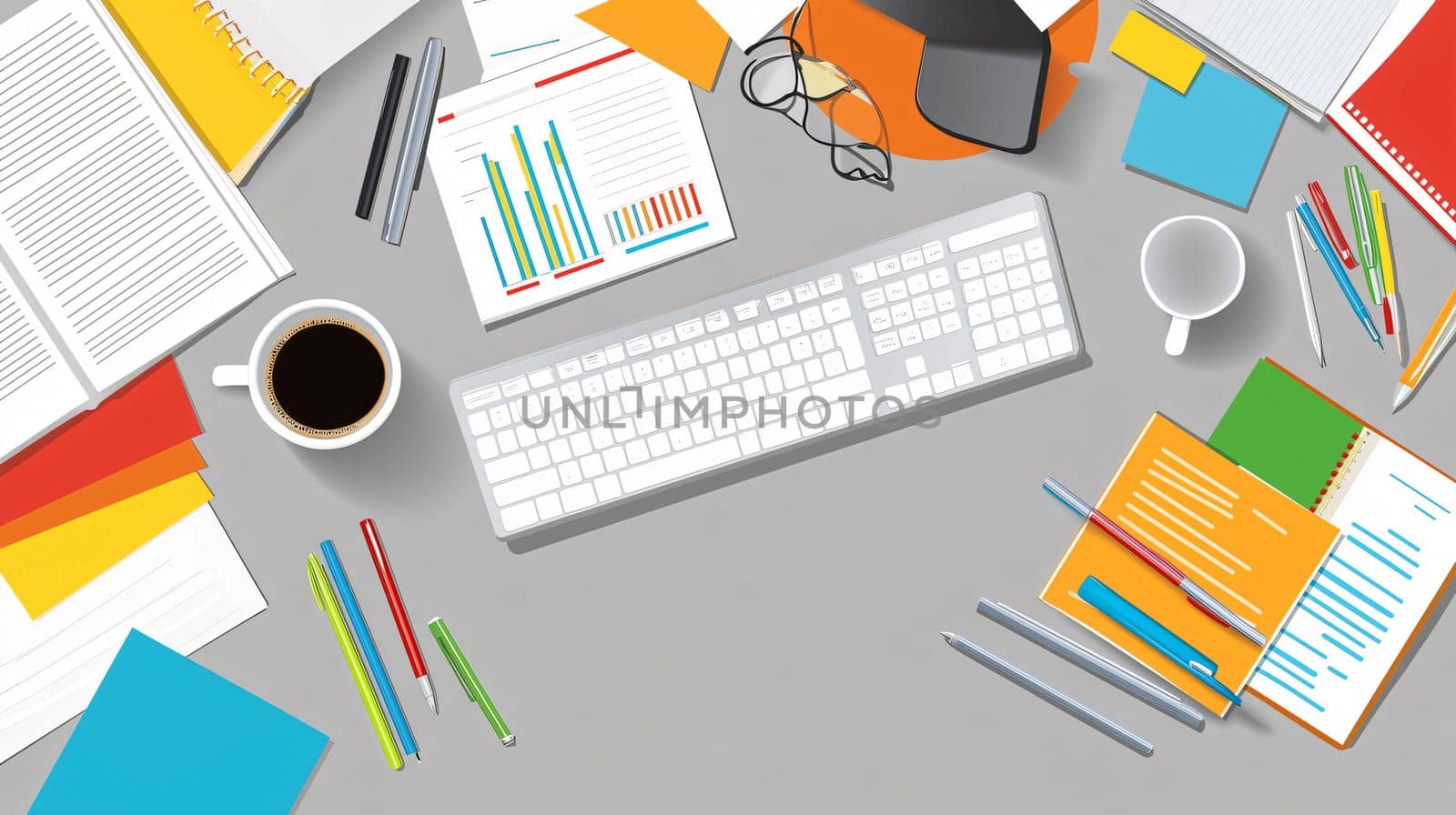 Cartoon vector illustration of an office desk workspace with a computer keyboard, documents, coffee and stationery from above