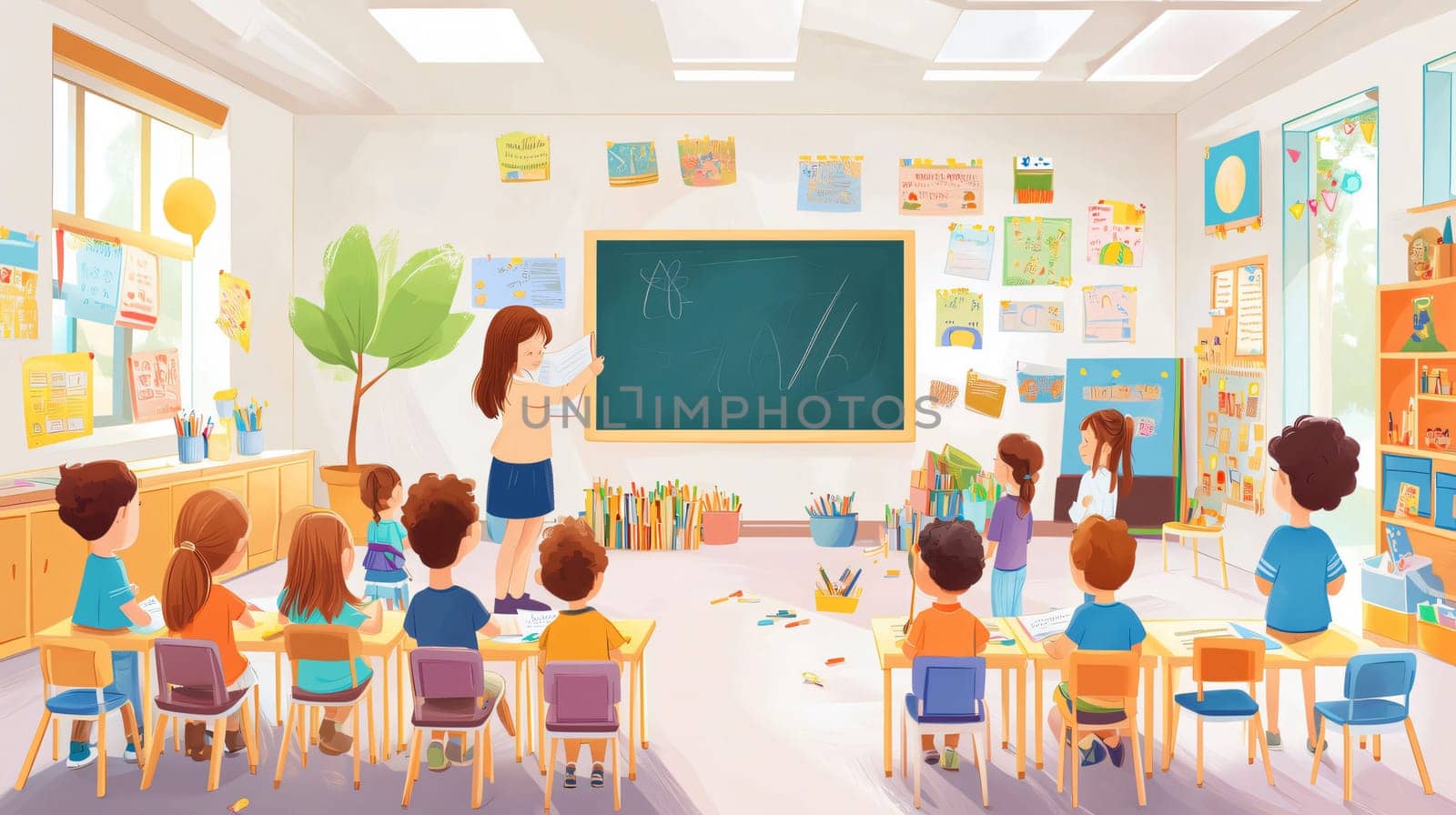 Teacher is standing by the blackboard explaining a lesson to her attentive students in a colorful classroom