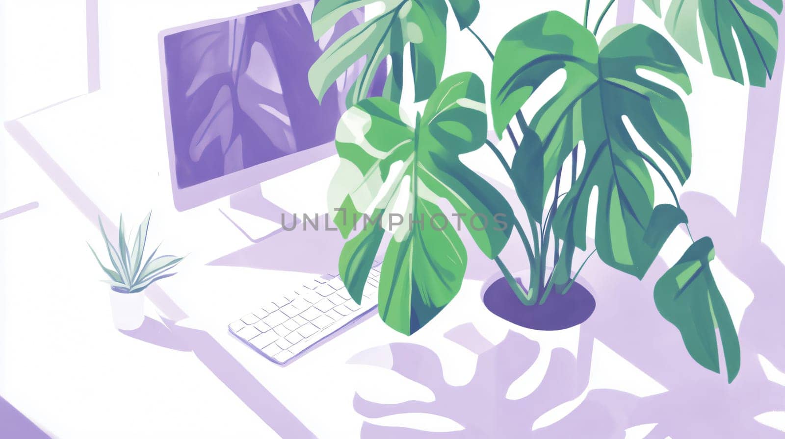 Bright home office with a computer and houseplants creating a relaxing atmosphere