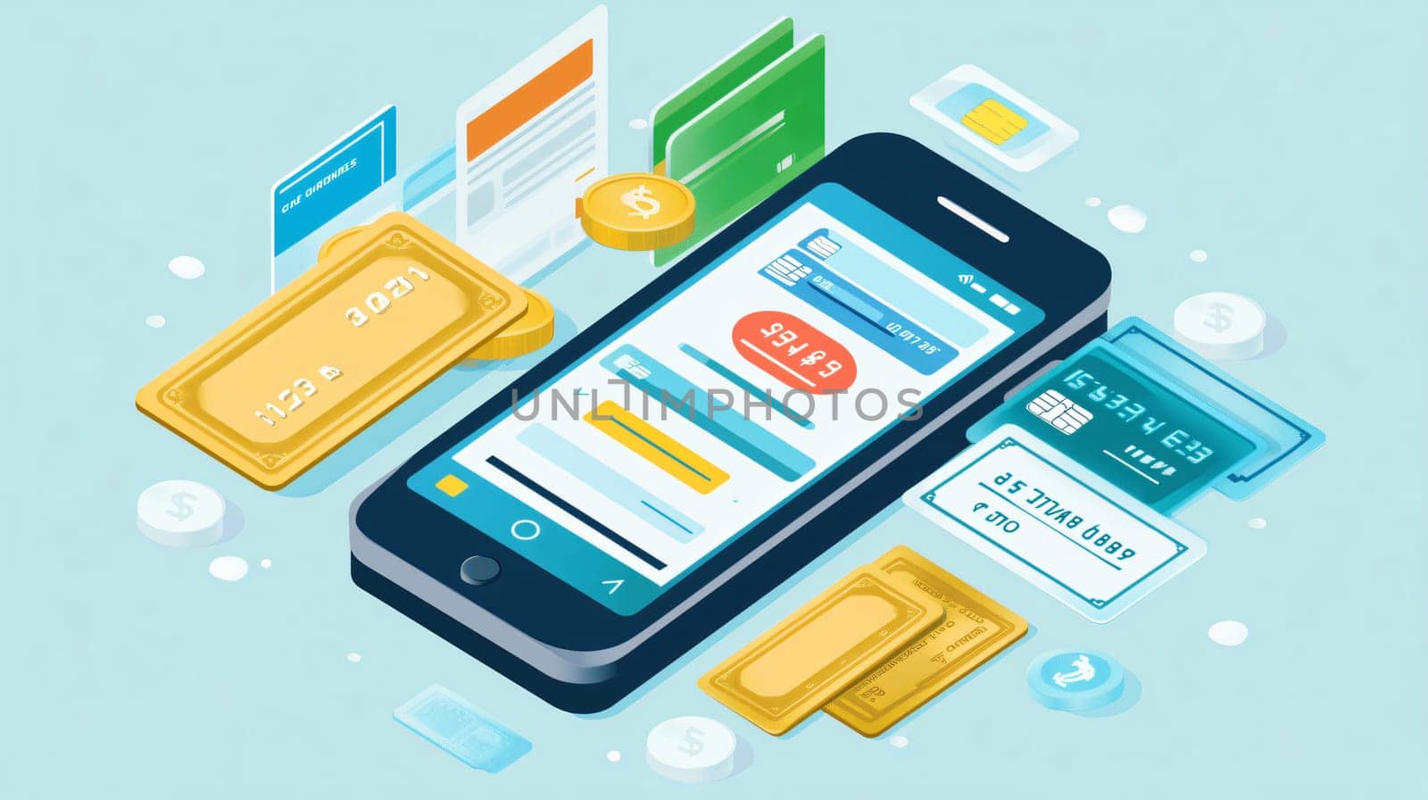 Isometric vector illustration of a smartphone showing a mobile banking app with credit cards and bills surrounding it