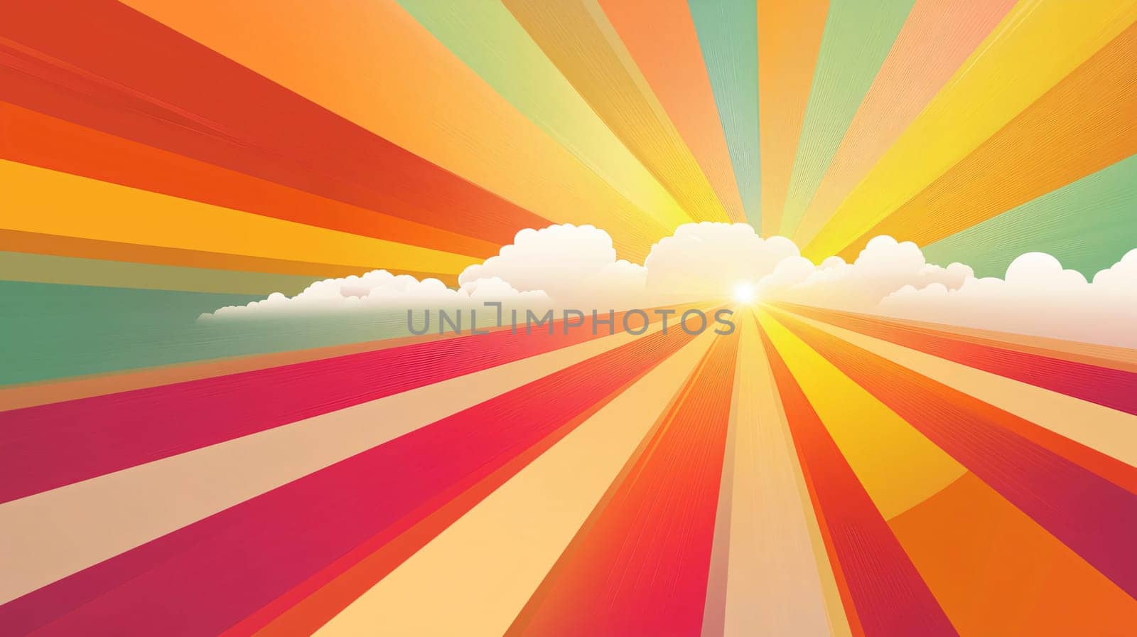 Bright and cheerful cartoon-style background featuring vibrant colors and sunbeams radiating from the horizon