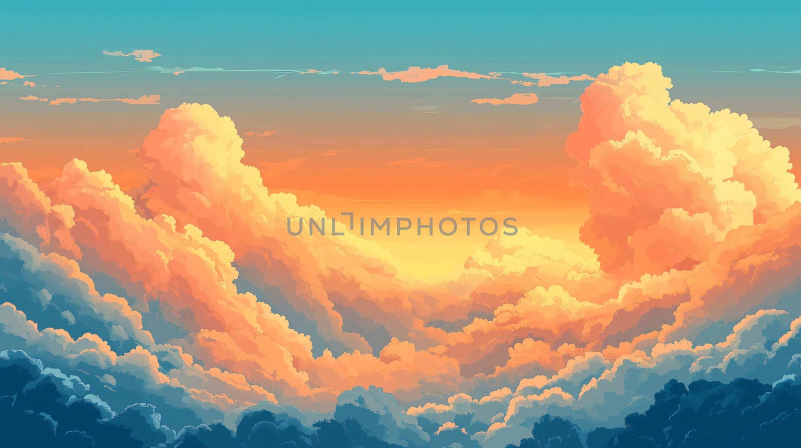 Vibrant sky painting showcasing a breathtaking sunset with fluffy clouds