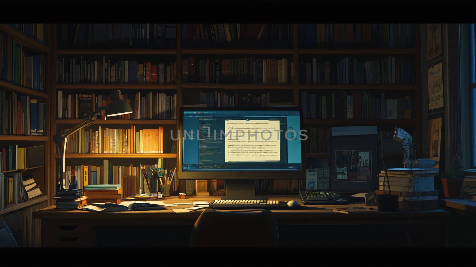 Writer is working on a computer in a home office with bookshelves