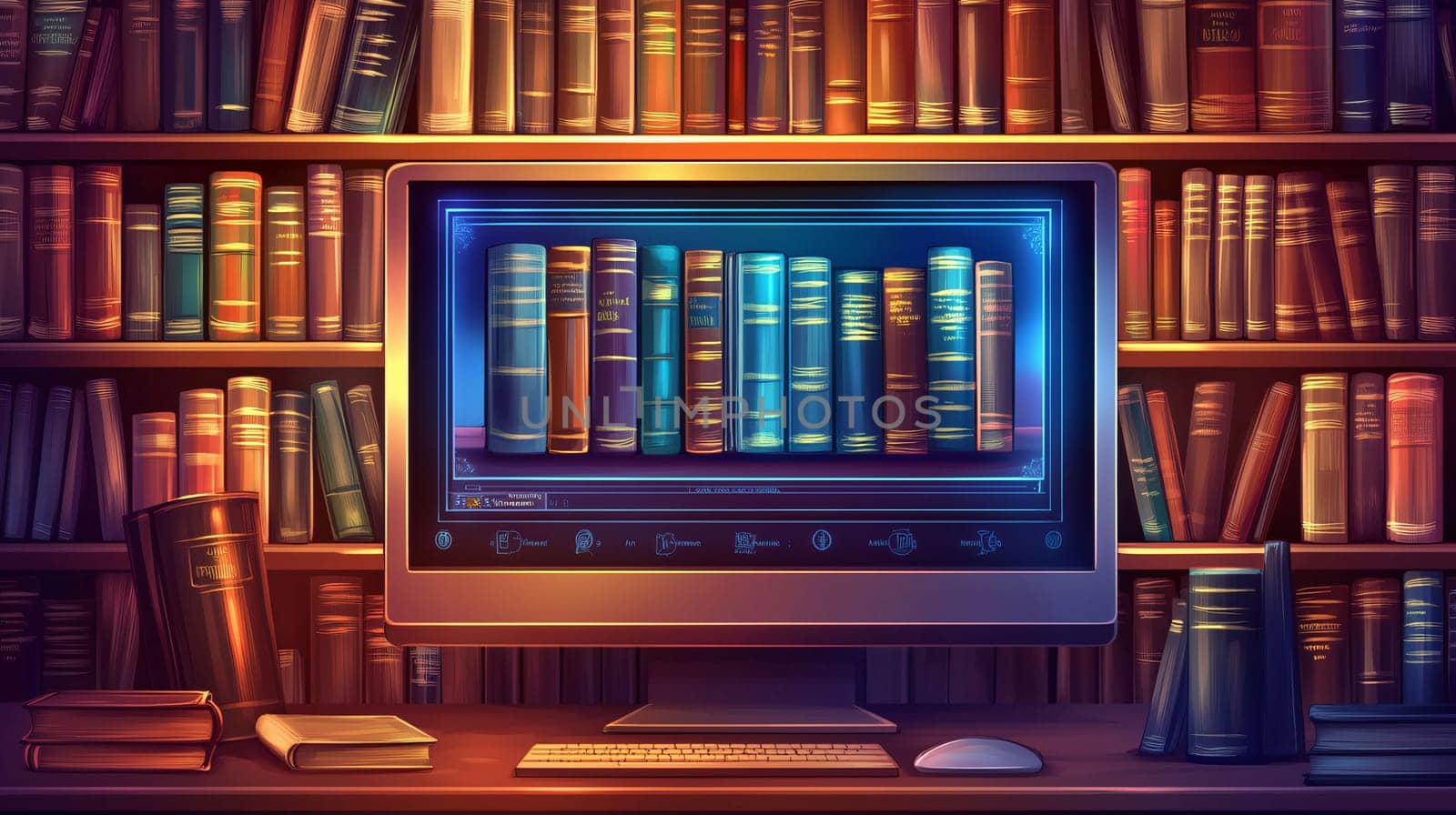 Computer is displaying an online library on its screen, with rows of books on a bookshelf in the background