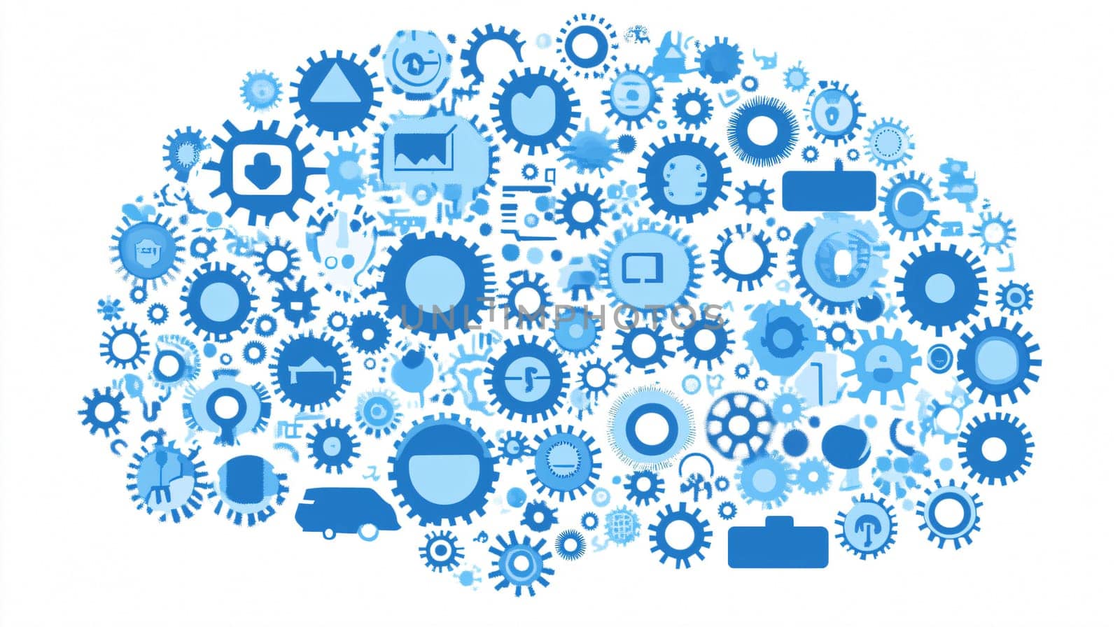 Blue brain made of gears and business icons is representing the concept of artificial intelligence