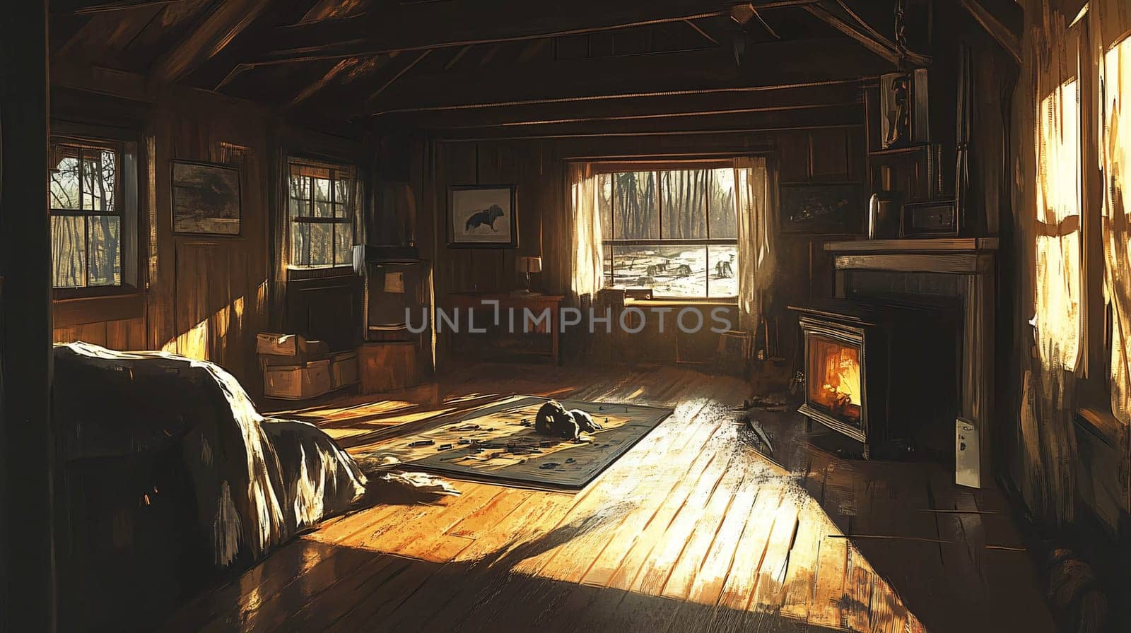 Warm sunlight flooding a cozy rustic living room with fireplace