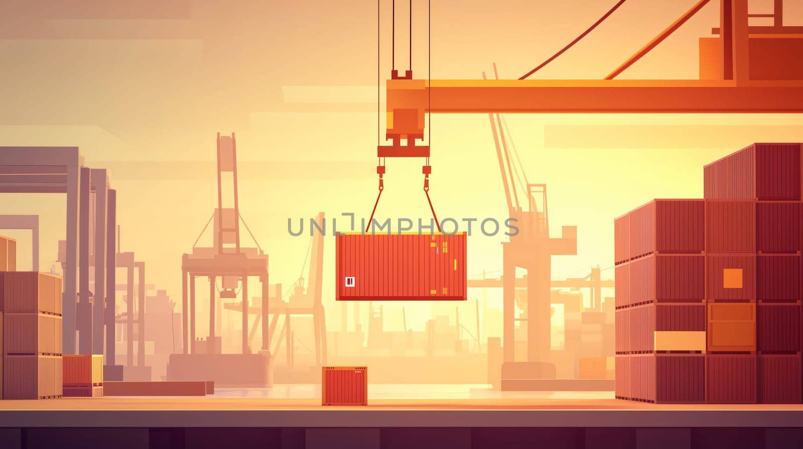 Container ship being unloaded in a busy port at sunset, with cranes moving cargo containers