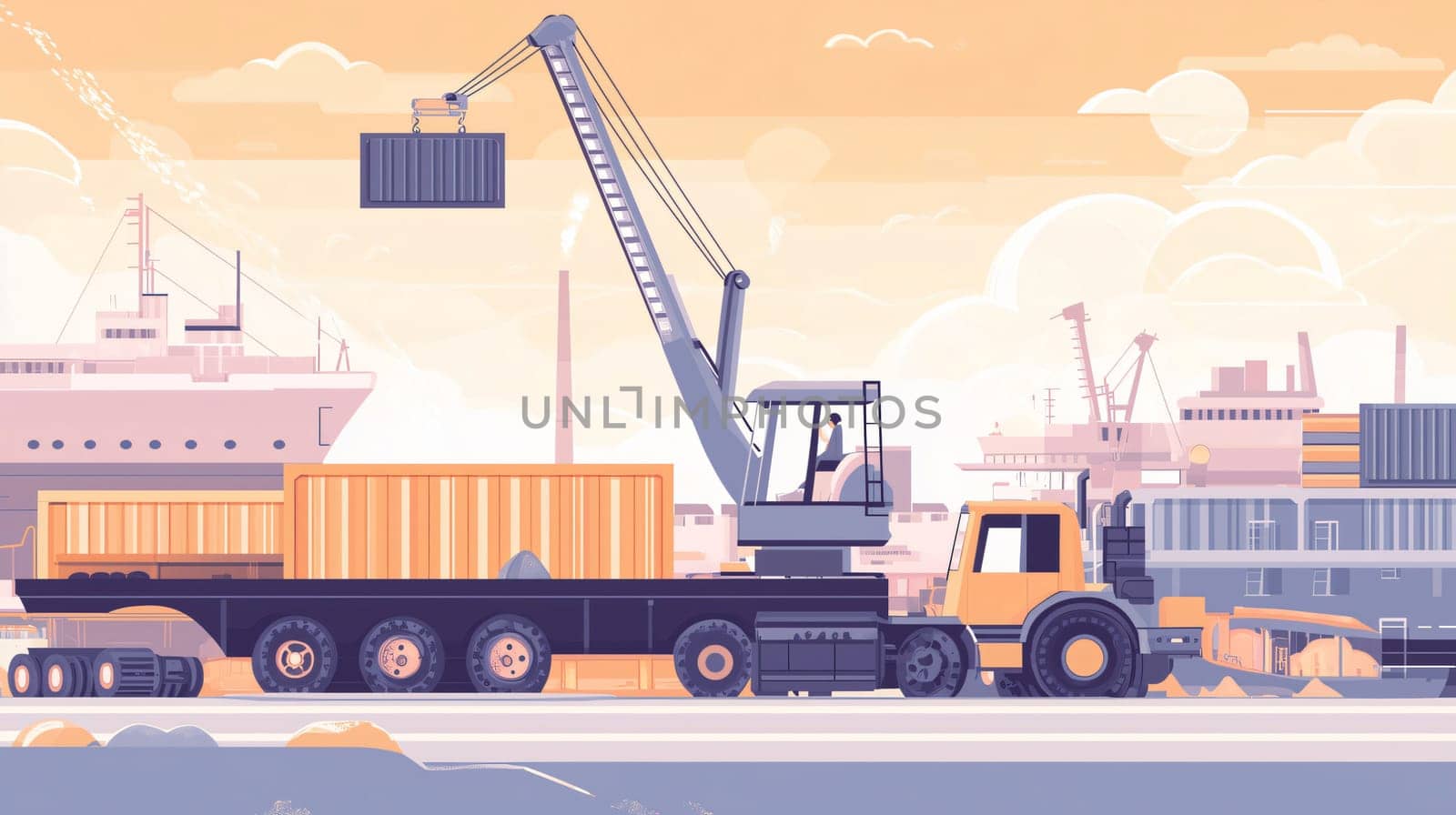 Crane operator is lifting a cargo container at a busy port with trucks and ships in the background