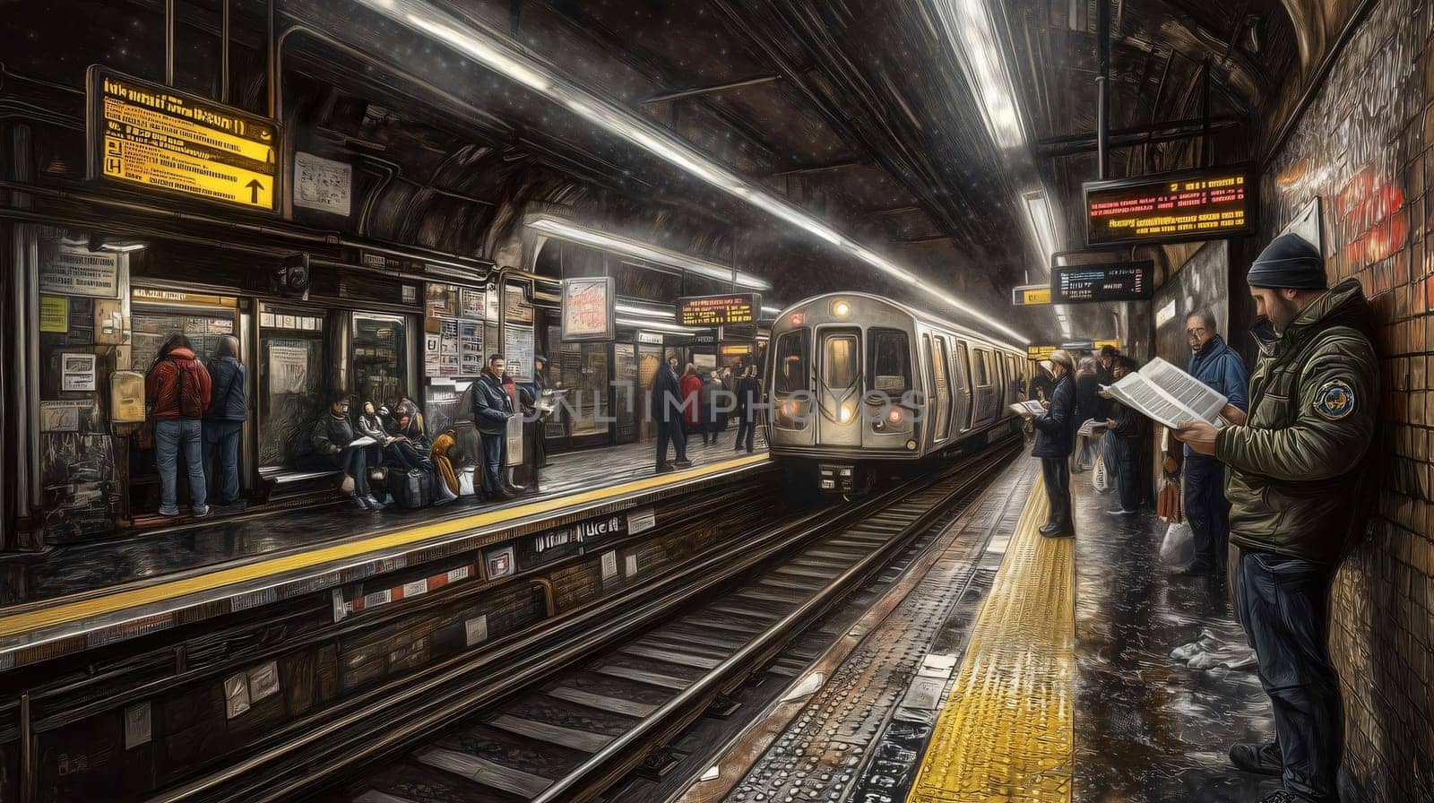 Illustration of commuters waiting for the subway train in a new york city subway station