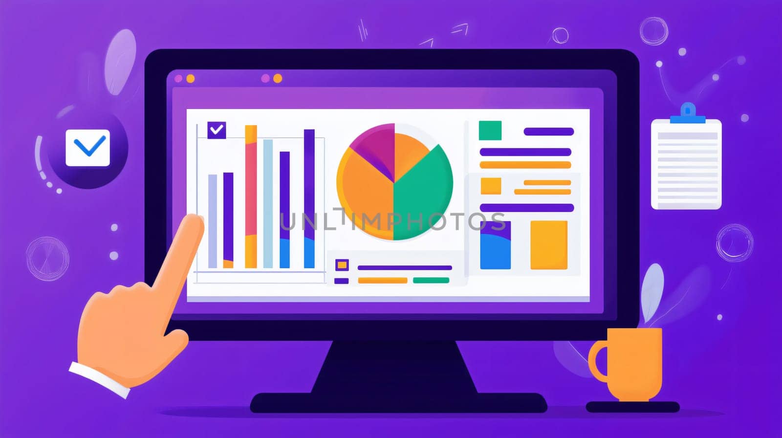 Businessman is pointing at a computer screen displaying various charts and graphs, representing financial data analysis and business performance
