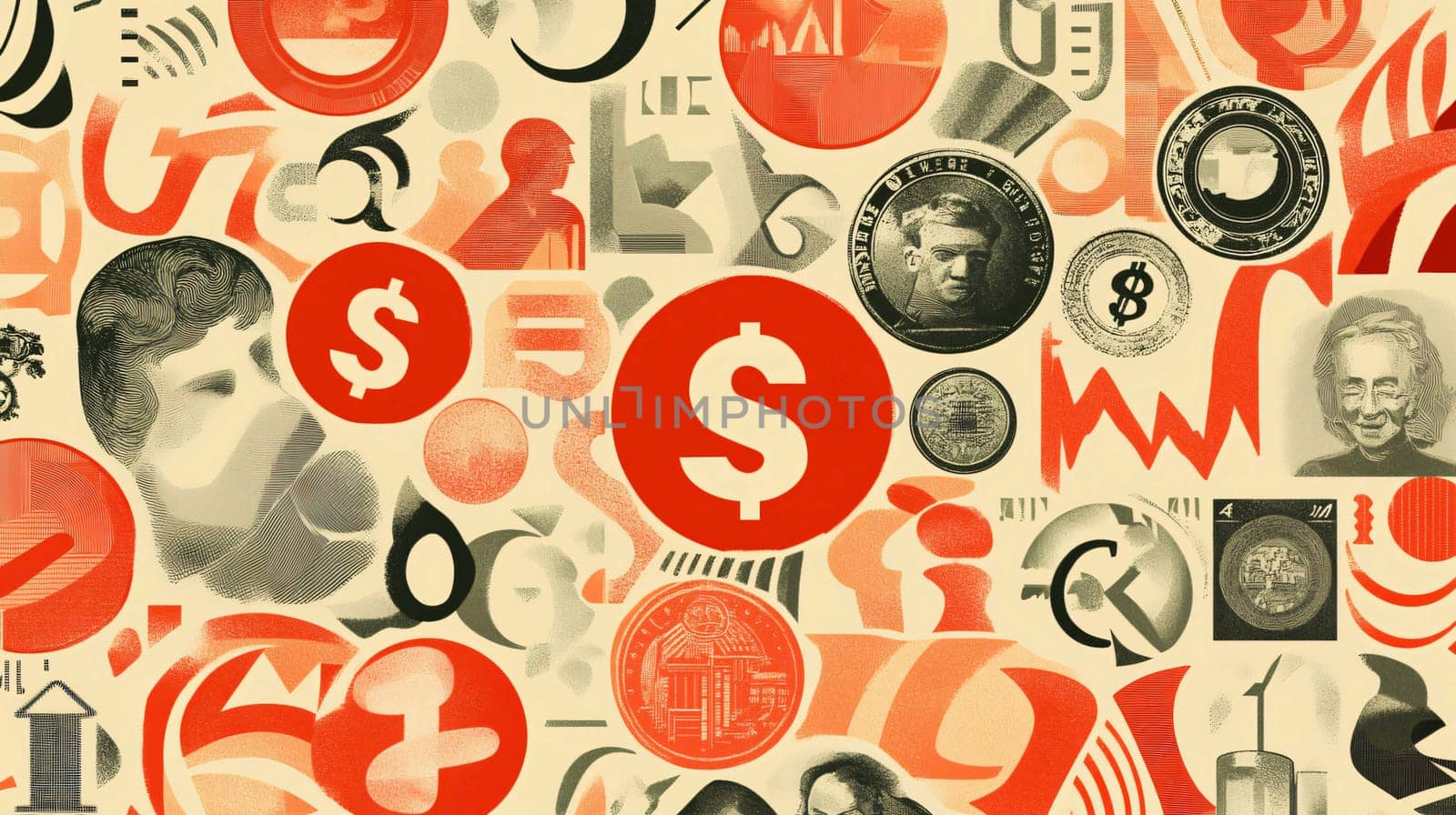 Collage featuring dollar signs, various currencies, and portraits of historical figures, evoking the global economy and financial history