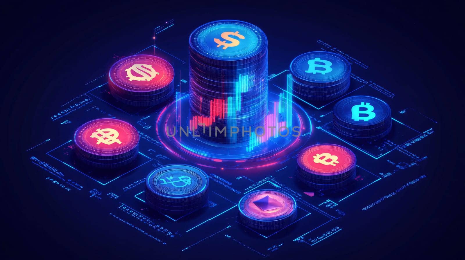 Digital illustration of various currencies and symbols showing a bullish trend with a digital chart display