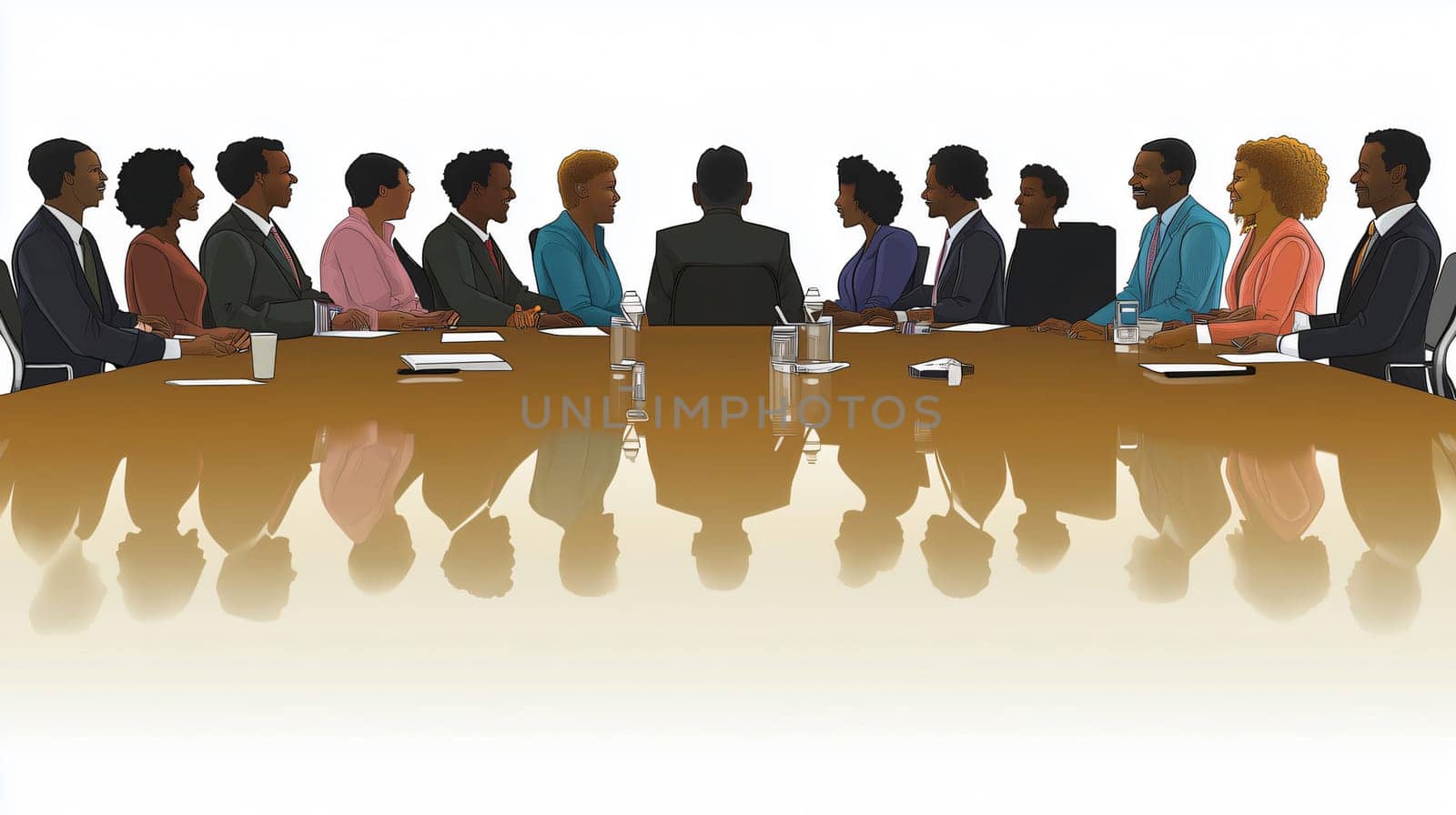 Diverse group of business people are discussing work matters while sitting around a polished table