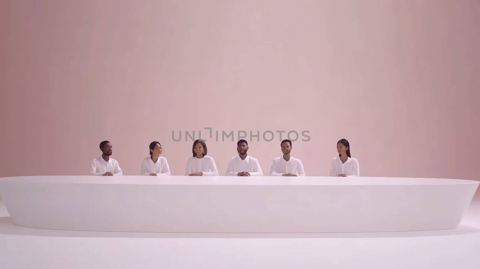 Diverse group of professionals is sitting around a white desk, suggesting a sense of collaboration and teamwork